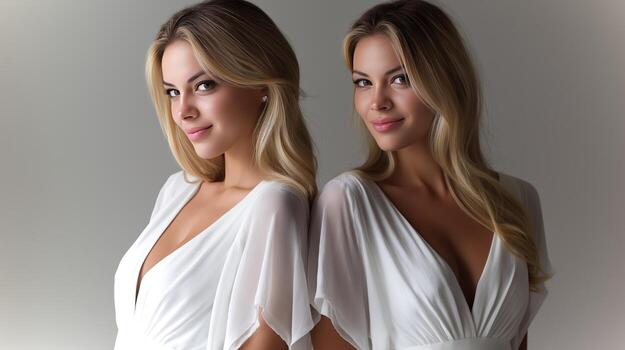 Two twins showcase their identical gowns while striking mirrored poses against a minimalist backdrop, emphasizing their synchronized movements and shared style. photo