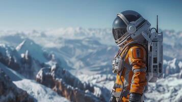 An astronaut clad in an orange spacesuit stands on a snowy mountain peak, gazing at the vast expanse of distant celestial bodies while surrounded by towering rocky formations. photo