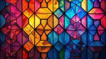 Vibrant patterns form a stunning mosaic with geometric shapes and a spectrum of colors, showcasing creativity in digital art. photo