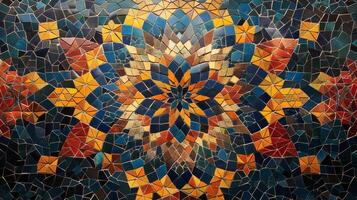 A stunning mosaic artwork with intricate geometric patterns in vibrant colors of blue, gold, and red. The design creates a mesmerizing abstract composition that captivates the viewer. photo