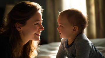 A mother and her baby engage in a delightful moment filled with laughter and smiles, creating a warm atmosphere in their cozy home during the afternoon light. photo