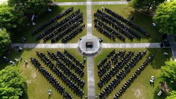 An expansive outdoor ceremony features geometrically arranged seating under clear skies. Attendees gather for a special occasion in a park setting. photo