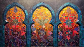 Vivid colors blend seamlessly in a detailed mosaic, featuring abstract patterns that create a stunning visual impact. This artwork highlights the beauty of geometric designs. photo