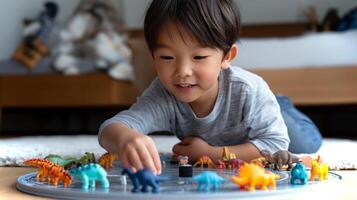 A young Korean boy joyfully arranges a variety of colorful toy dinosaurs in a circle on the floor. He is focused and engaged in play. photo