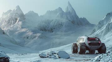 A futuristic vehicle navigates a frozen landscape, surrounded by towering icy peaks and rugged terrain. The atmosphere is serene and otherworldly, highlighting the vastness of space exploration. photo