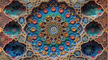 A stunning mosaic features a vivid blend of colors and intricate floral motifs, creating an abstract design that captures attention. photo