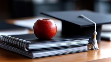 A graduation cap rests on a bright apple placed atop stacked notebooks, surrounded by stationery in a study setting, signifying academic achievement. photo
