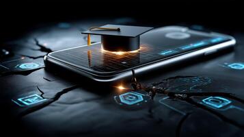 Graduation cap floats above a cracked surface, signifying success amidst challenges, blending traditional and digital elements in a modern setting. photo