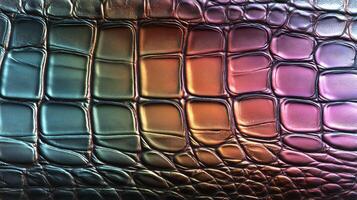 Vibrant crocodile skin texture showcases colorful patterns, ideal for eco-friendly designs. Perfect backdrop for various creative projects in any space. photo