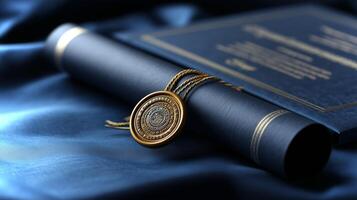 A diploma is beautifully showcased in a satin-lined case, featuring a prominent gold seal that symbolizes academic excellence and achievement. photo