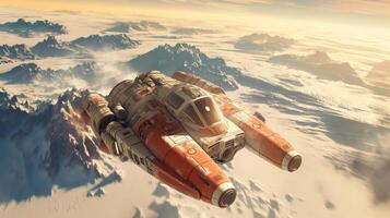 A futuristic spacecraft glides over majestic mountain ranges, exploring vast cosmic realms during a serene sunset. The scene embodies adventure and discovery in deep space. photo
