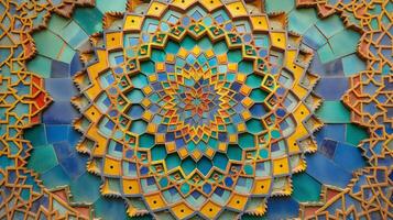 Colorful mosaic artwork showcases detailed geometric patterns in shades of blue, green, and yellow. The abstract design draws the viewer's eye with its complexity and vibrant hues. photo