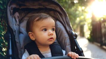 Baby sits comfortably in a stroller, gazing around with wide eyes on a sunny afternoon walk in the park, surrounded by greenery and light. photo