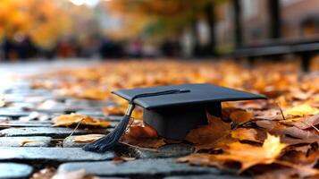 A graduation cap lies among colorful autumn maple leaves on a cobblestone path, creating a festive and reflective atmosphere during fall. photo