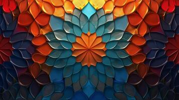 This dynamic artwork features a vivid mosaic composed of colorful shapes, blending warm oranges and cool blues. The abstract design showcases intricate patterns that draw the eye. photo