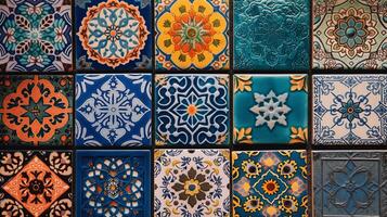 Colorful mosaic tiles arranged systematically showcase intricate designs. The artwork features blues, oranges, and greens, creating striking visual patterns that captivate the eye. photo
