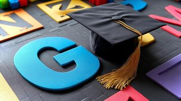 A graduation cap lies on a vibrant foam alphabet mat, showcasing letters and colors that symbolize learning and achievement during a celebratory event. photo