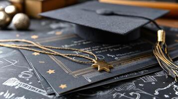 Graduation cap elegantly positioned atop a stack of report cards reflects the culmination of hard work and dedication in pursuit of academic success. photo