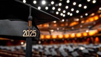 A tassel swings from a black mortarboard, symbolizing graduation for the year 2025, with a blurred auditorium in the background during the celebration. photo
