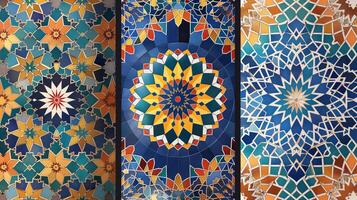 Intricate mosaic patterns display a blend of blue, orange, and yellow hues. The vibrant designs create a visually captivating backdrop, emphasizing the beauty of abstract artistry. photo