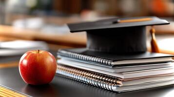 A graduation cap is perched on a glossy apple, which is stacked on top of notebooks in a classroom environment, symbolizing academic achievement. photo