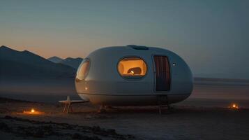 In a serene desert setting, a sleek, futuristic dwelling glows softly as dusk settles. A solitary figure gazes out from a rounded window, celebrating solitude beneath a star-filled sky. photo