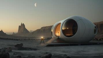 A sleek, modern habitat stands in an otherworldly terrain, illuminated by soft interior lights. The moon rises above distant rock formations, enhancing the serene cosmic ambiance. photo