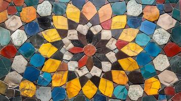 This artwork showcases a vibrant mosaic composed of various colored stones arranged in an intricate, abstract pattern. photo