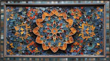 Decorative mosaic art showcases intricate floral designs with vibrant colors and patterns. The background features a blend of blues, oranges, and yellows, creating a striking abstract look. photo