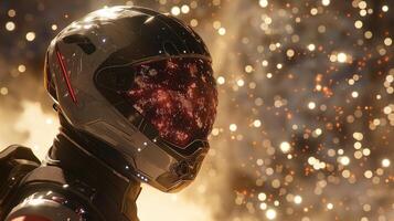 An advanced space nomad stands in a shimmering cosmic environment, helmet reflecting galaxies and star clusters while surrounded by sparkling particles. Adventure awaits beyond the horizon. photo