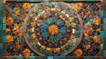 Intricate mosaic artwork showcases a vibrant array of colors and patterns, blending blues, oranges, and greens. The circular design creates a captivating focal point in an artistic background. photo
