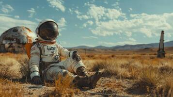 An astronaut sits comfortably on the ground in a barren area, surrounded by golden grasses. In the background, an abandoned spacecraft and a distant rocket can be seen against a bright blue sky. photo