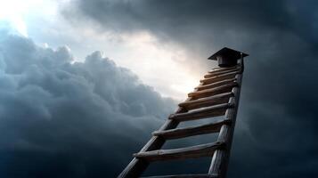 A graduation cap sits on the highest rung of a rustic wooden ladder, reaching into a dramatic sky filled with dark clouds and hints of light. photo