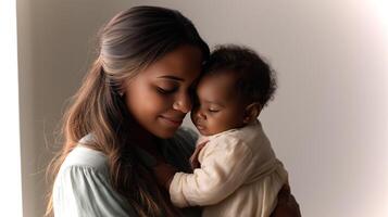 A mother lovingly embraces her baby in a cozy indoor setting, sharing a tender connection filled with warmth and affection during a peaceful moment. photo