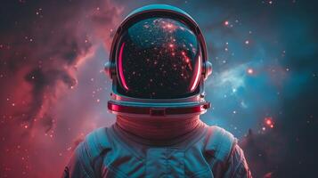 An astronaut stands against a backdrop of vibrant cosmic colors and swirling galaxies. The vast expanse of space showcases stunning visuals, inviting curiosity and adventure. photo