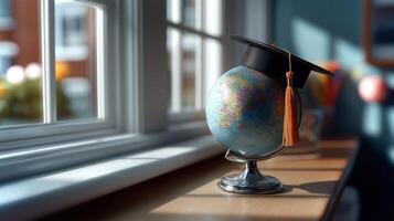 A graduation cap rests elegantly on a globe placed on a wooden desk. Sunlight filters through the window, enhancing the room's warm atmosphere. photo