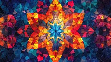 An intricate and vibrant mosaic arrangement features a stunning blend of geometric shapes in rich, colorful tones. This abstract artwork captivates with its dynamic composition and harmonious colors. photo
