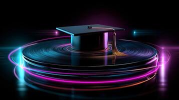 A graduation cap is placed on a vintage vinyl record while vibrant colored lights swirl around it, creating a celebratory atmosphere. photo