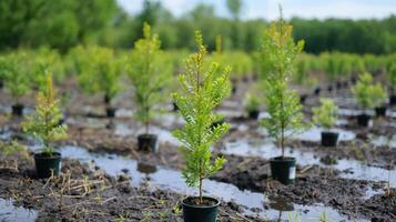 In a lush outdoor environment, individuals are actively planting young saplings in soil enriched with nutrients, aiming to restore forests and promote ecological balance and conservation. photo