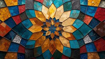 This artwork features a detailed abstract mosaic design with vibrant colors, including blues, oranges, and yellows. photo