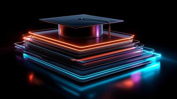 A graduation cap rests atop a vibrant stack of glowing neon layers, symbolizing achievement and innovation in a futuristic setting. photo