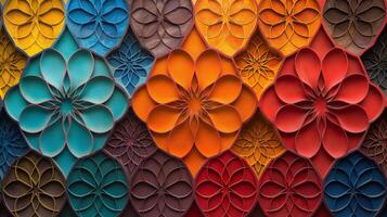 An abstract mosaic displays unique floral patterns, blending vibrant colors such as red, teal, orange, and brown. The intricate designs create a visually captivating and harmonious backdrop. photo