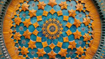Vibrant colors and intricate star patterns create a stunning mosaic design. This abstract background captures the beauty of artistic craftsmanship, inviting viewers to explore its details. photo
