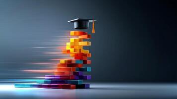 A graduation cap hovers above a dynamic tower of colorful blocks, symbolizing educational achievement and progress in a modern, abstract environment. photo