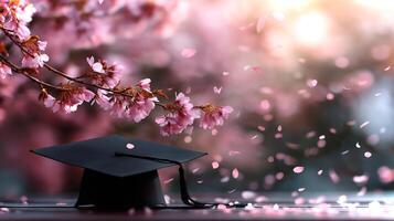 A black graduation cap rests on a surface, embraced by vibrant cherry blossoms. Delicate pink petals float gracefully in the air amidst a soft, glowing background. photo