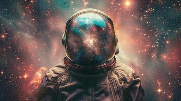An artificial intelligence nomad drifts through the cosmos, adorned in a space suit with a reflective helmet. The helmet displays a vibrant nebula, symbolizing infinite exploration and knowledge. photo