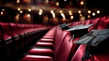 A row of empty auditorium seats displays graduation caps, creating an atmosphere of anticipation ahead of a significant graduation ceremony. photo