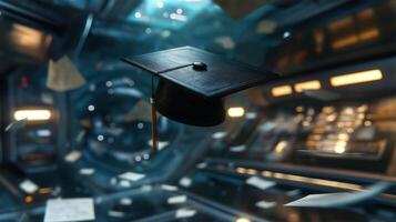 In a zero-gravity spacecraft, a graduation cap drifts serenely among floating papers, showcasing a unique blend of achievement and space exploration. photo