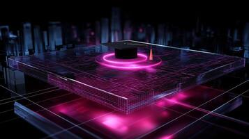 A graduation cap hovers over a glowing, holographic city map, symbolizing the intersection of education and technology in a futuristic setting. photo