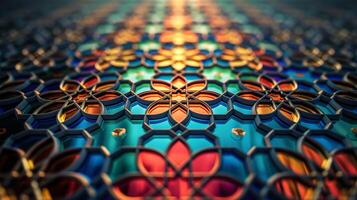 This artwork showcases a detailed mosaic featuring floral motifs with a rich tapestry of colors. The abstract design captivates with its geometric forms and harmonious interplay of light and shadow. photo